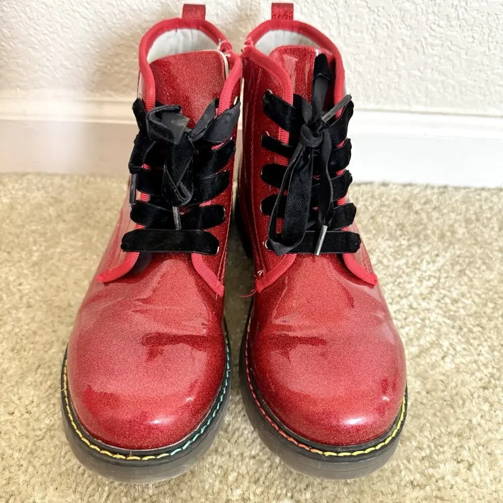 Dream Pairs Girls Size 6 Red Glitter Combat Boots Velvet Laces Side Zip Sparkle